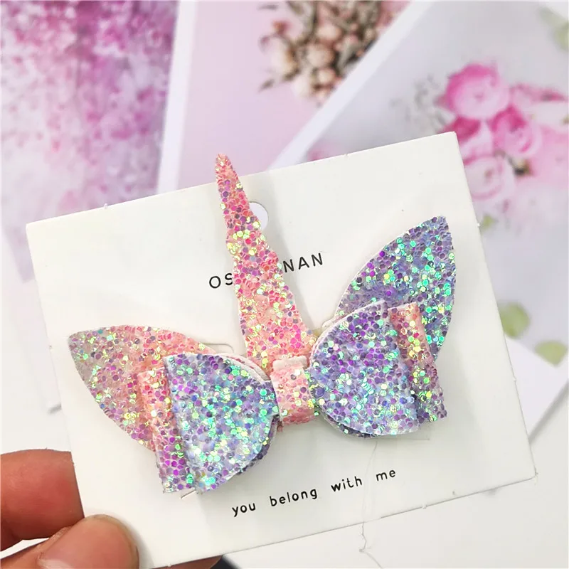 1PCS Lovely Unicorn Leather Glitter 2.8 Inch Bow Elastic Hair Bands Hairpins Dance Party Korean Hair Accessories For Baby Girl 2pc lovely alloy pearl hair side clips hairpin for women girls headband for wedding party hair accessories headwear ornament