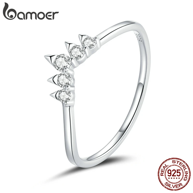 

bamoer 925 Sterling Silver Crown Ring Finger Rings for Women Vintage Retro Stackable Rings Band Silver Fine Jewelry SCR686