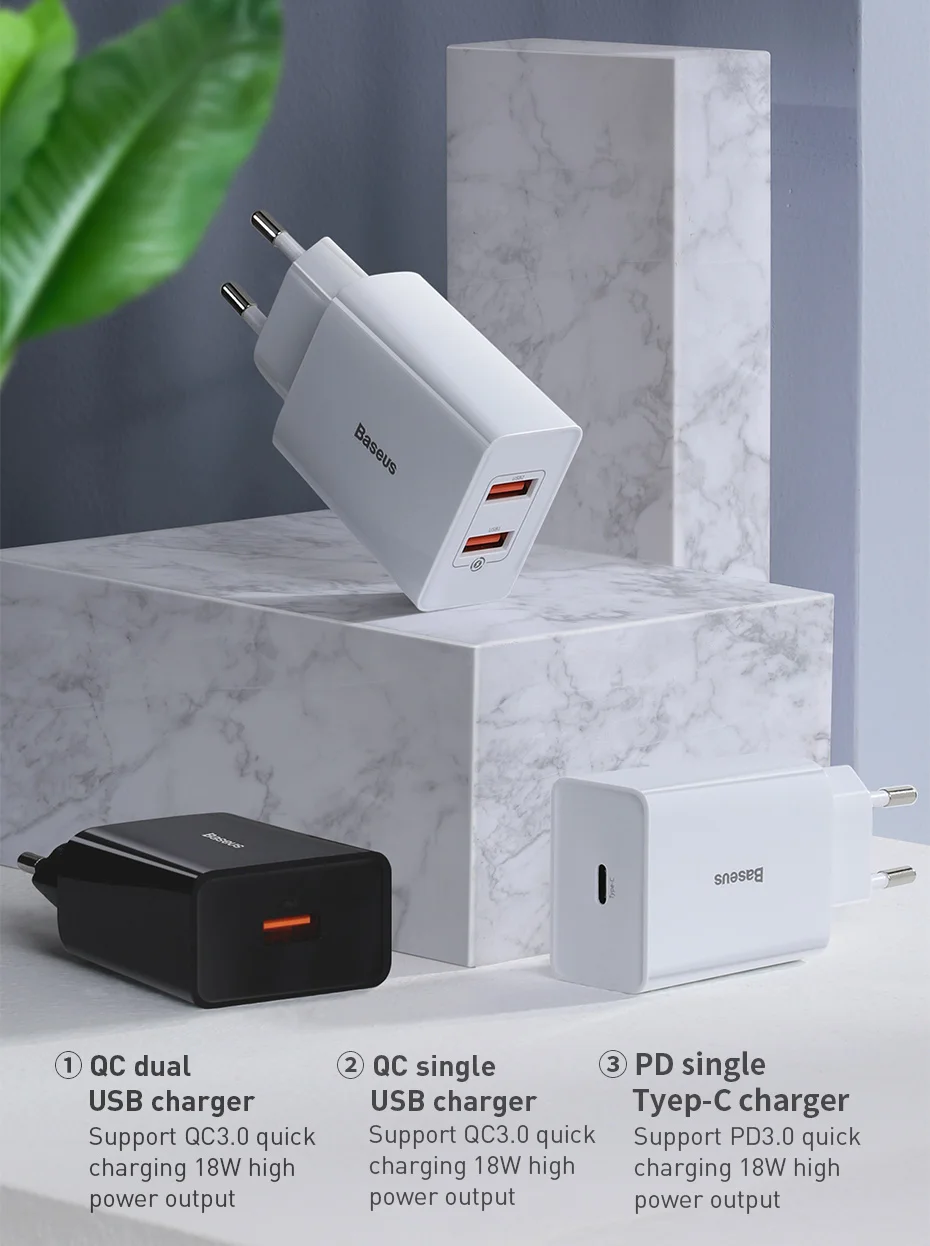 Baseus Mini PD USB зарядное устройство QC3.0 18 Вт Быстрая зарядка Tyep-C Dual USB EU зарядное устройство дорожная вилка