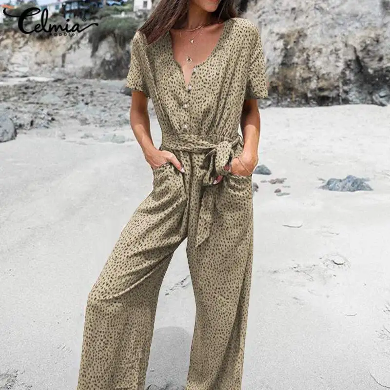 

Celmia Elegant Jumpsuits Women Summer Short Sleeve Rompers Sexy V neck Leopard Printed Casual Belted Playsuits Plus Size Ovealls