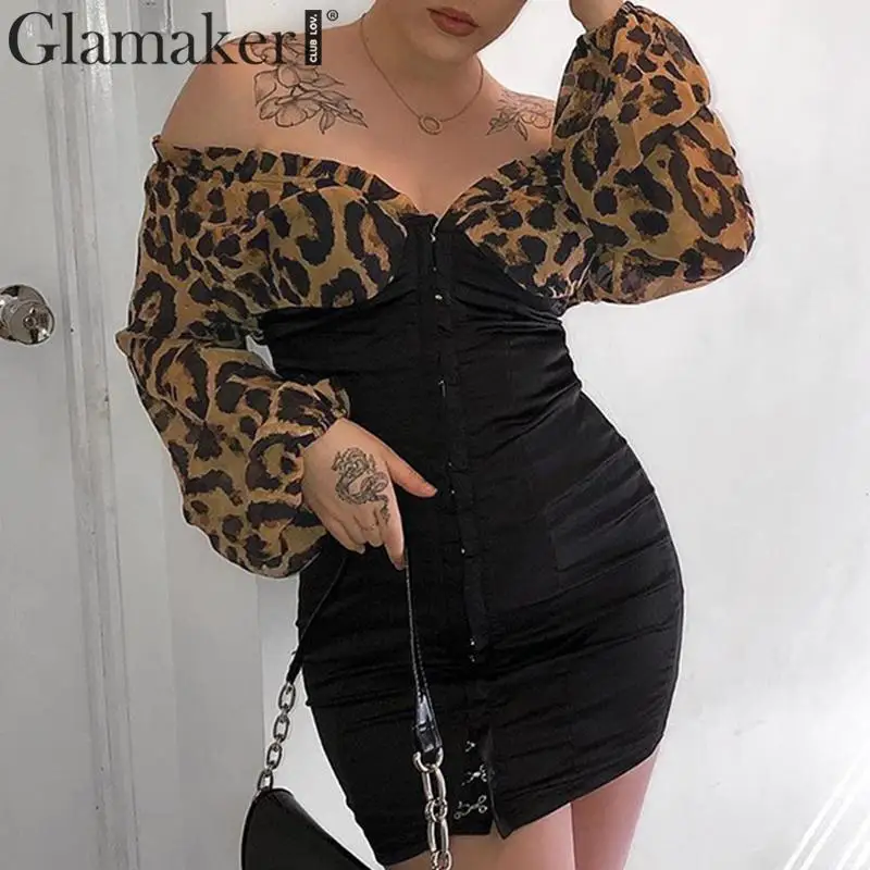 Glamaker Короткое мини-платье с открытыми плечами и леопардовым принтом, женское платье с оборками и длинным рукавом-фонариком, Сексуальные вечерние облегающие платья для ночного клуба
