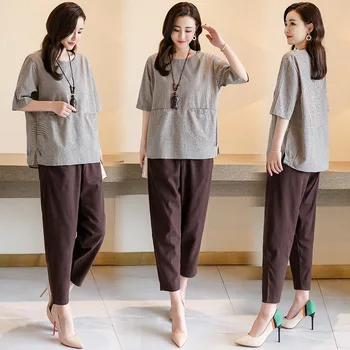 

Oriental clothing Fashion suit 2020 summer new product fashion casual cotton and linen striped shirt harem pants two-piece suit
