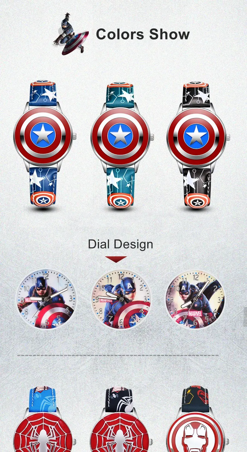 Super Hero Marvel Avengers Captain America Children's Quartz Waterproof Flip Watch Child Leather Watches Iron Men Spider Cool