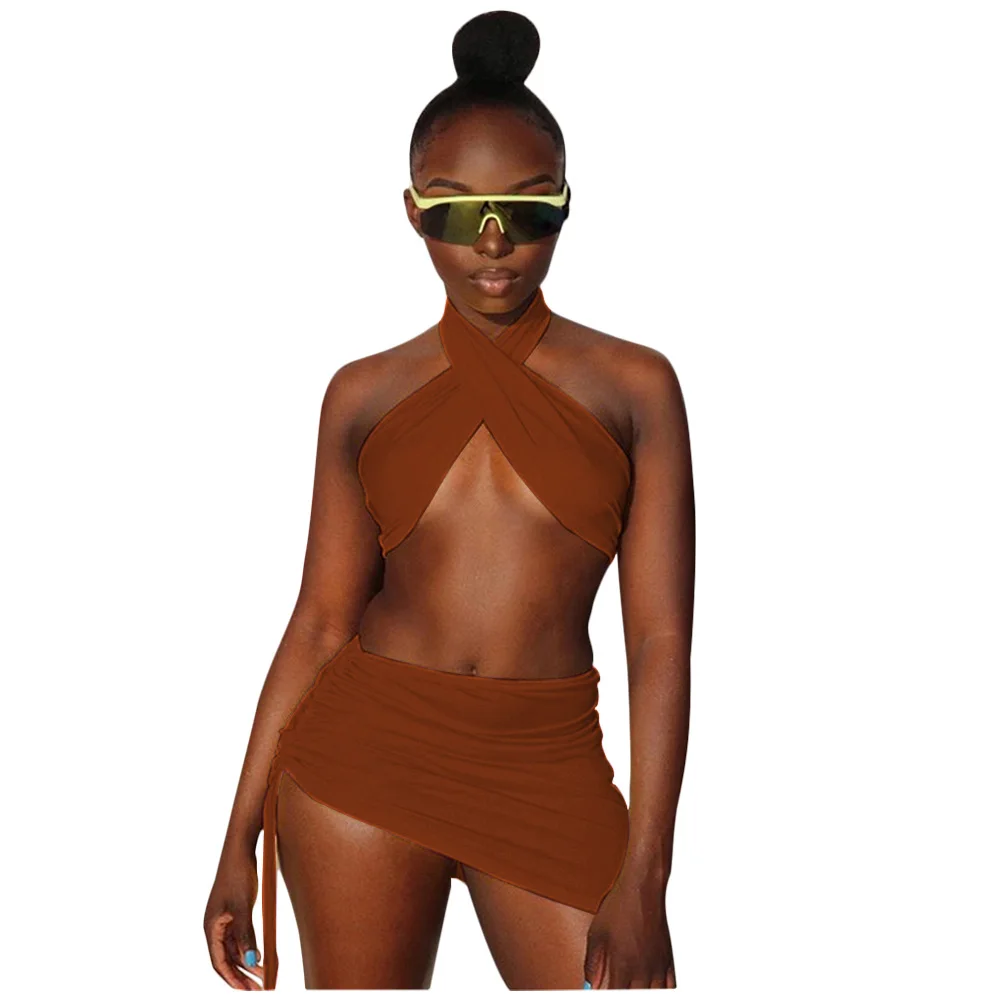 Matching Outfits Mini Skirts Two-Piece-Sets Ruched HALTER-NECK Sexy Women Tank-Tops String