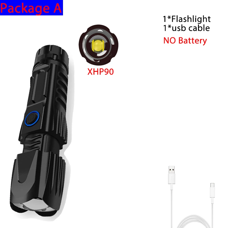 NO Battery Мощный светодиодный фонарь XHP90.2, тактический, походный, водонепроницаемый, фонарь, умный чип, управляемый фонарь, USB, перезаряжаемый, для использования 26650 - Испускаемый цвет: NO Battery
