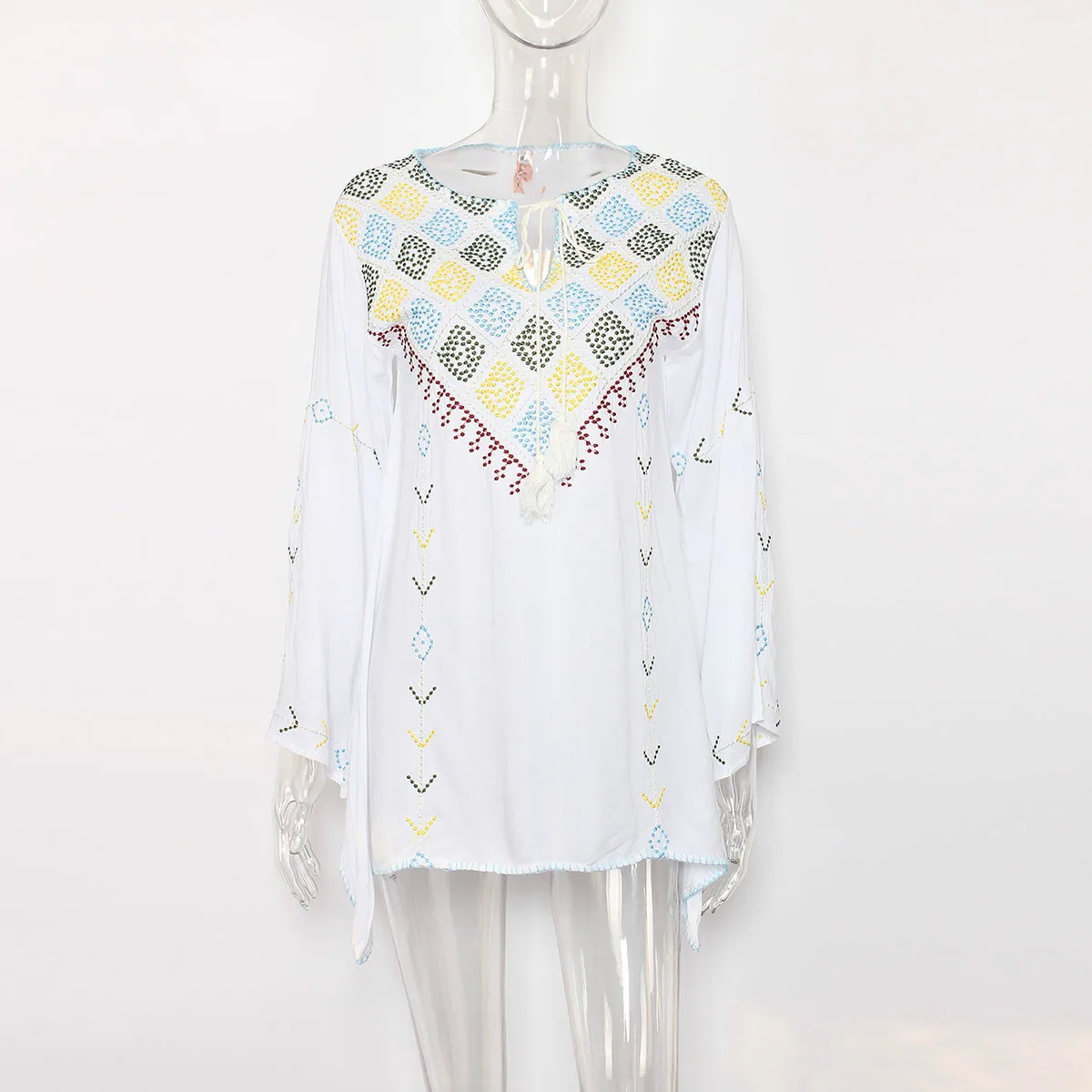 Kiyumi Boho свободная Красная футболка женская с длинным рукавом v-образным вырезом Сексуальная Вышивка кисточкой v-образным вырезом хиппи Топы осень Рождественская рубашка новая