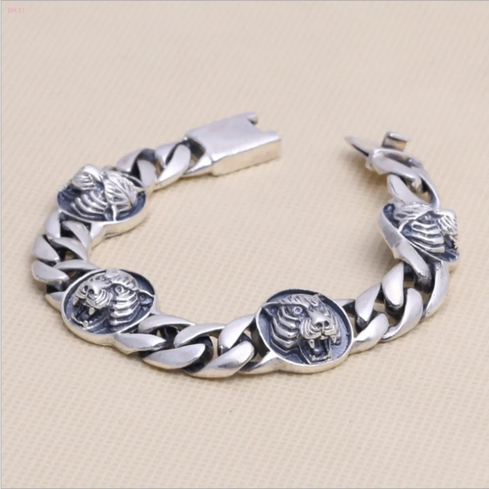 S925 Стерлинговое Серебро, персонализированные ювелирные изделия, ретро тайское серебро, мужской стиль головы короля тигра, браслет для мужчин, Новая мода