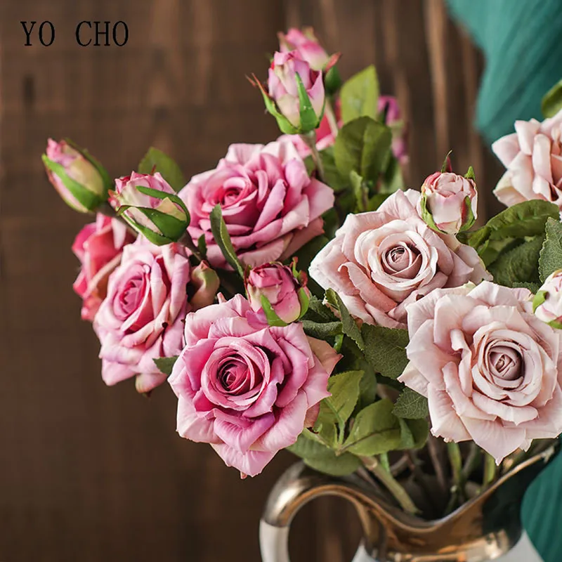 YO CHO-Vintage Flores De Seda Artificiais, 2 Cabeças, Rosas Grandes, Filial De Flor Falso, Peônia Branca, Outono, Casamento, Casa