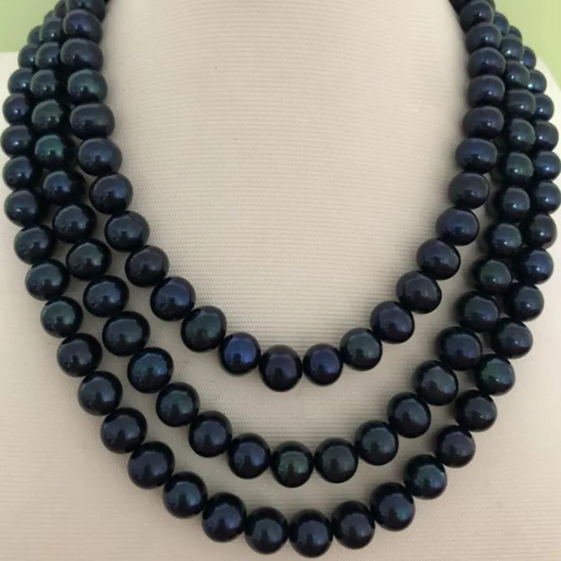 stunning 9-10mm round tahitian black pearl necklace 48inch 14k/20