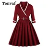 Tonval Vintage Style Wrap Belted Elegant Pleated Autumn Dress Women 2022 Winter 3/4 Length Sleeve Office Cotton Dresses ► Photo 3/6