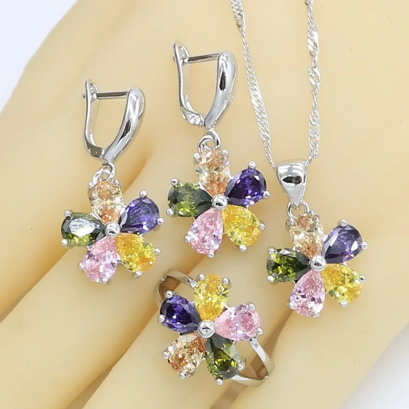 Многоцветный Циркон в форме цветка 925 серебряные ювелирные наборы для женщин серьги ожерелье кулон браслет подарочные коробки для колец