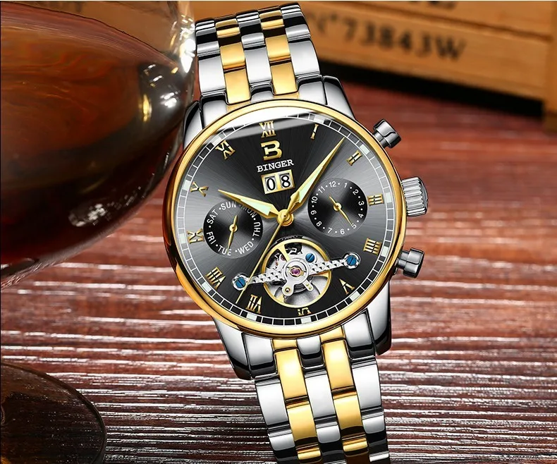 Швейцарские Бингер мужские часы люксовый бренд Tourbillon fulll нержавеющая сталь водонепроницаемые часы Механические наручные часы B-8604