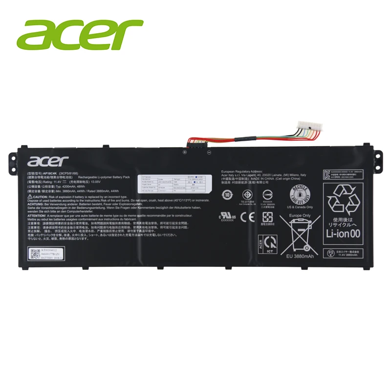 Аккумулятор для ноутбука acer AP18C4K 11,4 V 48Wh 4200mAh