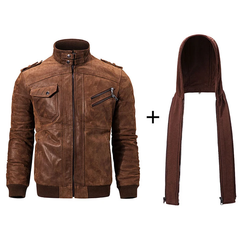  Vintage Hooded Genuine Leather Jacket and Coats Plus Size XXXL Autos Biker Mans Real Leather Jacket