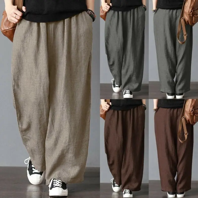 Pantalones de talla grande de lino y algodón para hombre, pantalones bombachos con pernera ancha, holgados, informales, a la moda, para vacaciones y playa