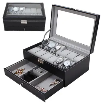 

12 Grids Slots Watches Display Storage Box Case PU Leather Double Layers