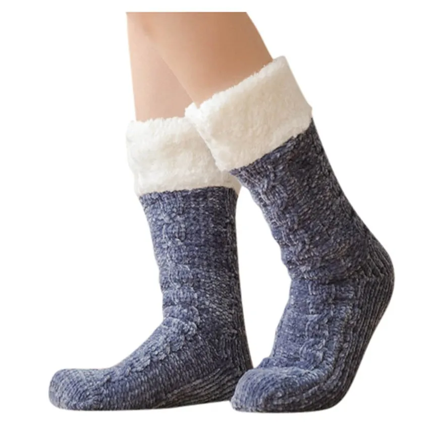 Blue Christmas Socks Winter Warm Female Multicolor Thicken Thermal Wool Cashmere Snow Socks Seamless Velvet Anti-slip Floor Socks z3 - Цвет: Blue