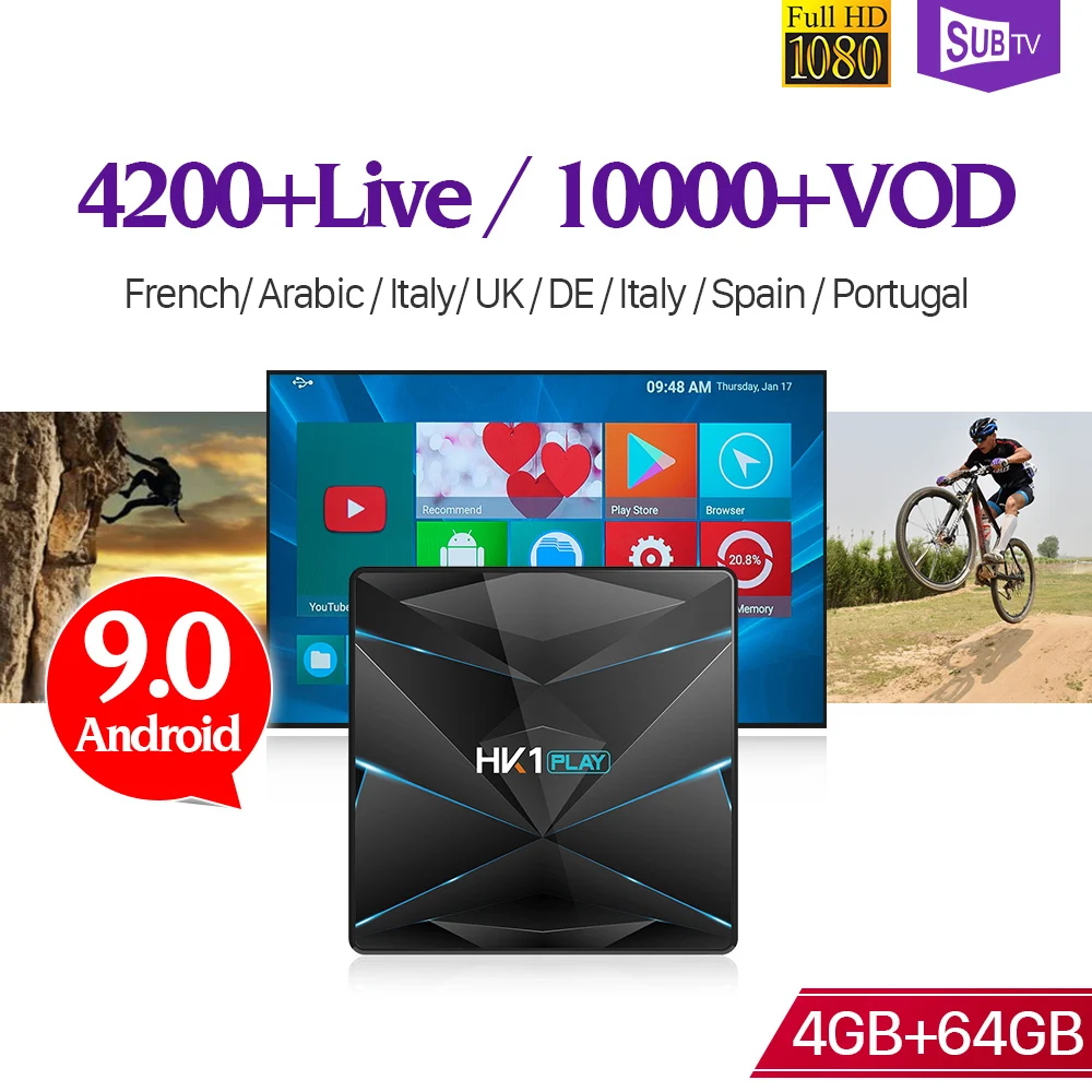 

IPTV France Canada HK1PLAY Android 9.0 Smart box IPTV Subscription SUBTV Code BT4.0 4G 64G IPTV Arabic EX-YU Italy Spain IP TV