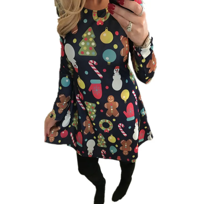 Women's New Year Christmas Tree Snowman Printed Dress Women Fall Winter Evening Party Dresses Long Sleeve Loose Vestidos | Женская