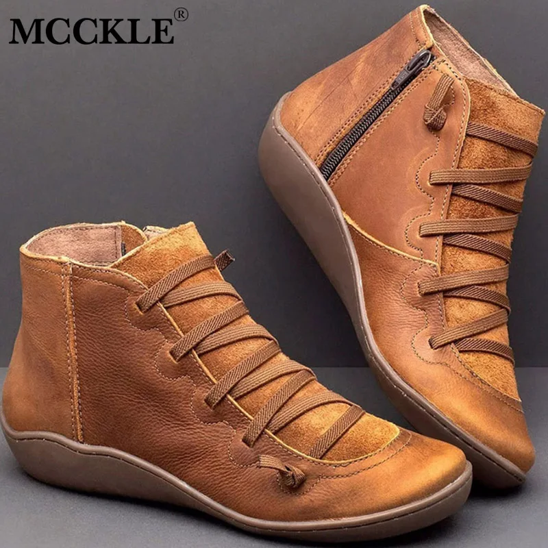 Women's PU Leather Ankle Boots Women Autumn Winter Cross Strappy
Vintage Women Punk Boots Flat Ladies Shoes Woman Botas Mujer
