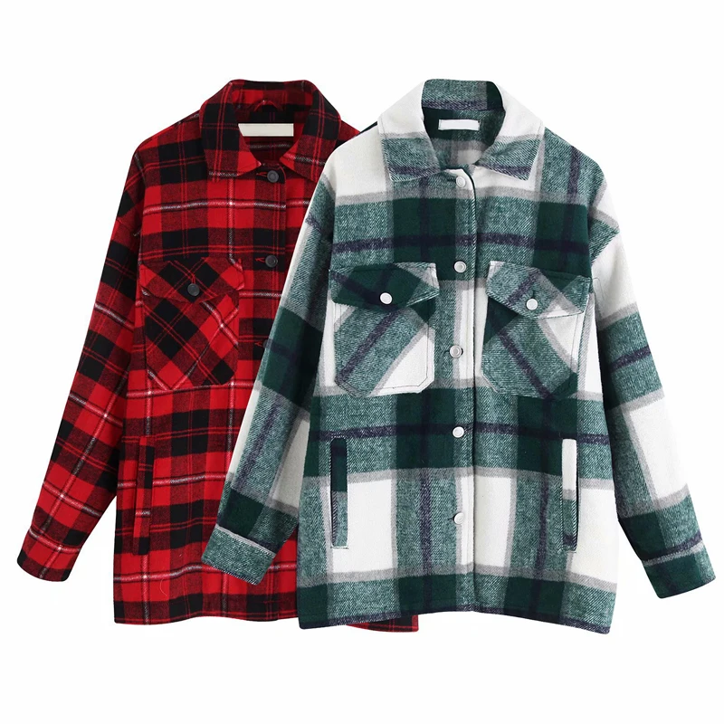 Winter Vintage Women's Blouse Shirt Plaid Oversized Pockets Shirt Outwear Clothing For Women Ropa Mujer Womens Tops And Blouses