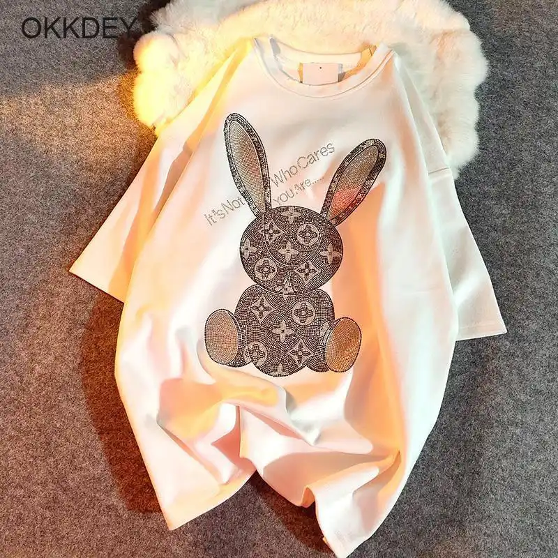 ダイヤモンド漫画のウサギ半袖tシャツ女性21夏の韓国ファッション特大原宿ミドルカップルかわいいトップ Tシャツ Aliexpress