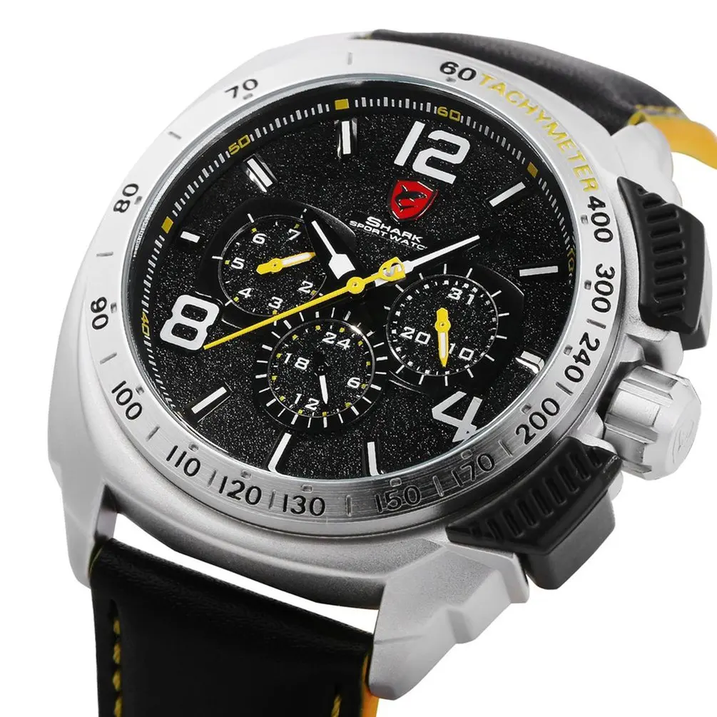 Silver Yellow SH415 Tiger Shark, спортивные часы, люксовый бренд, мужские, красные, 6 стрелок, кварцевые, дата, 24Hr, повседневные, кожаный ремешок, военные, Relogio Masculino, часы/SH417 - Цвет: Silver Yellow SH415
