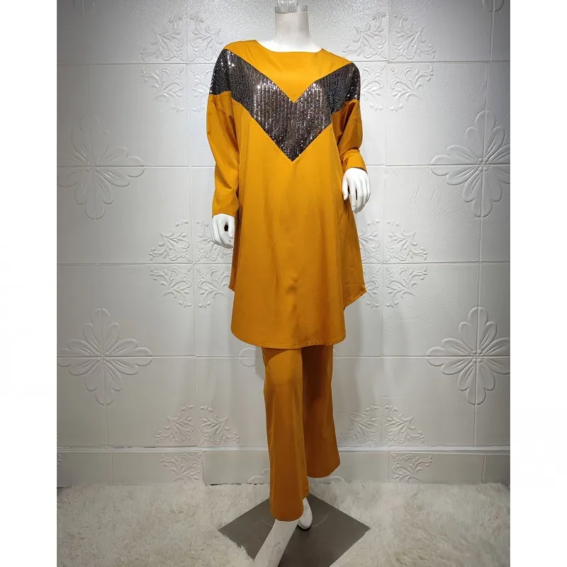 Muslim Sets Middle East Arab Sets Womens Outfits Musulman Tops+ Summer Casual Trousers Sequined Long Sleeves Two Piece Set Women
