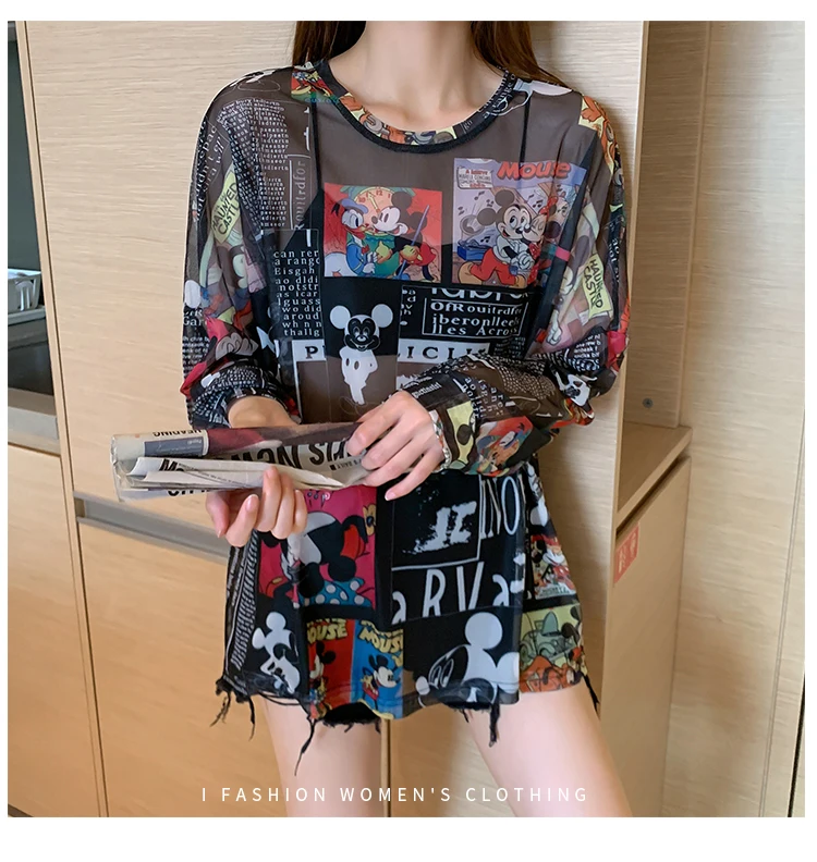 Disney 2021 Summer Famous Anime Mickey Mouse Brand Mesh Shirt Women Sun Protection Transparent Long Sleeve Blouse Ladies T-shirt
