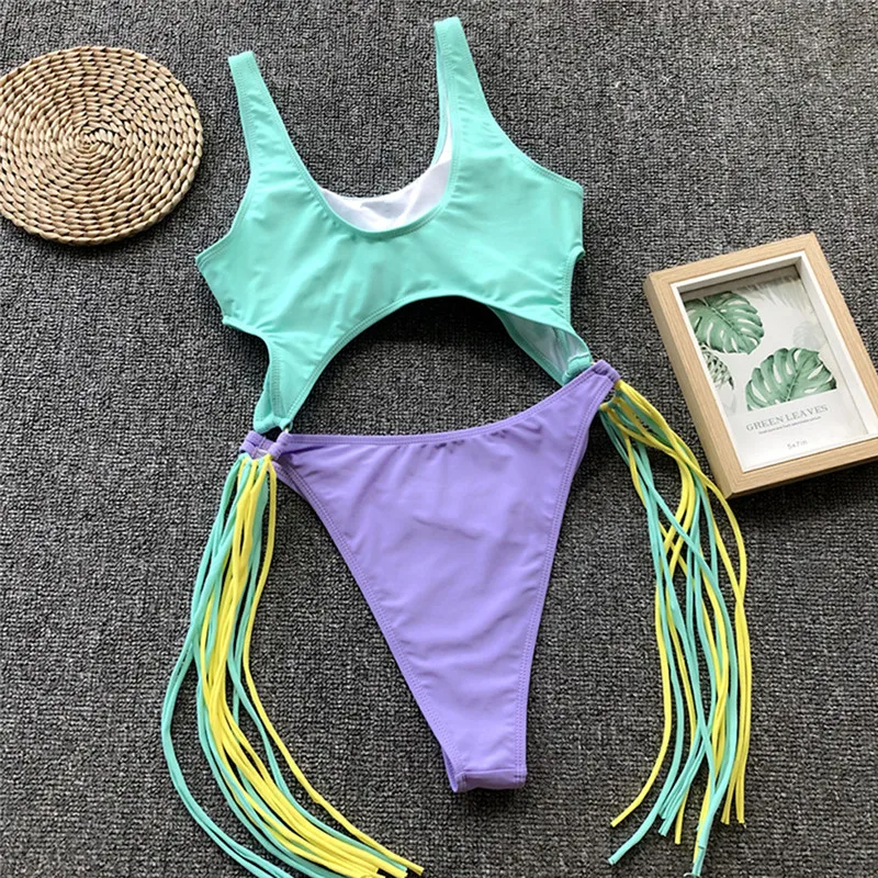

New Leopard brazilian One Piece Swimsuit String Monokini Sexy High Cut Bikini 2019 Push up Swimwear Tassel One-piece Swim Suit