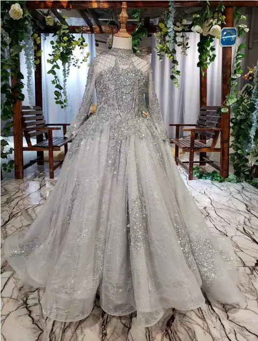 

2019 new custom high-collar high-grade gray crystal trailing dinner host luxury long-sleeved flower girl dress wedding dress