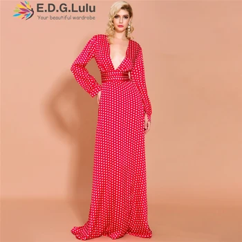 

EDGLuLu boho dress polka dot dress vintage chic sexy elegant long sleeve maxi dress fall 2019 women fall clothing