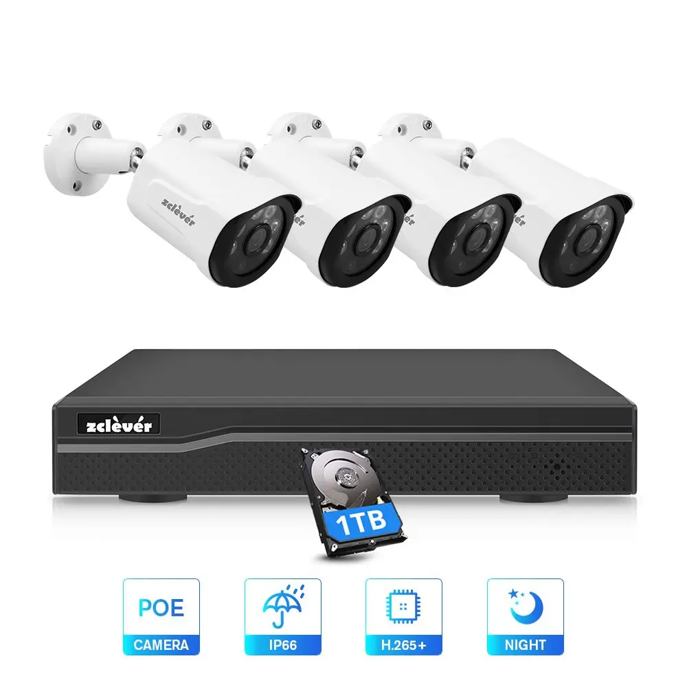 

Zclever HD 1080P PoE Home Video Surveillance System, 4CH HDMI NVR with 4PCS Outdoor/Indoor 2.0MP Security Cameras Night Vision