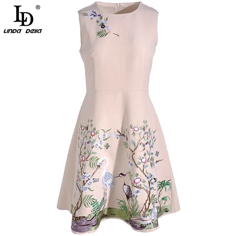 

LD LINDA DELLA Fashion Runway Summer Vintage Mini Dress Women sleeveless Elegant O-neck Embroidered Ruffles Short Dress Vestidos