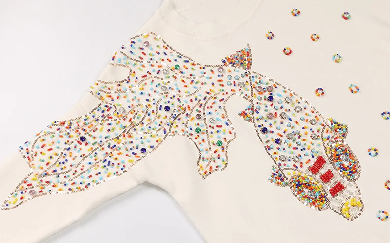 Зимний женский свитер, модный, расшитый бисером, золотая рыбка, блестки, свитер, женские пуловеры, вязаный свитер, Повседневный, животные, женские топы