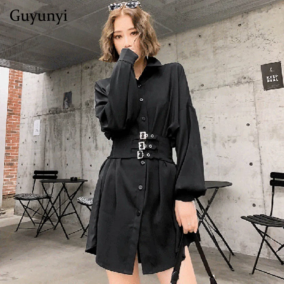 

Temperament Streetwear Blouse 2019 Autumn Black Turn-Down Collar Bat Long Sleeve British Fashion Belt Loose Shirt Women