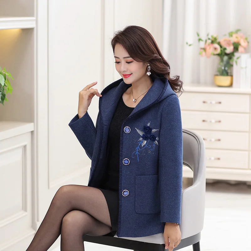 

2018 New Style Mom Autumn & Winter Woolen Jacket Middle-aged 50-Year-Old 60-Year-Old Middle-aged WOMEN'S Apparels Hooded Woolen