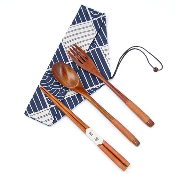 

Wooden Cutlery Set Portable Eco Friendly Reusable Flatware Utensil Fork Spoon Chopsticks Portable Pouch for Camping Office Lunch
