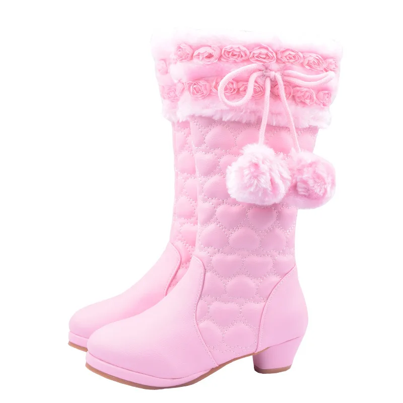 Pink Розовые зимние сапоги для девочек; модная детская теплая обувь; Рождественский подарок; детская обувь; кожаные высокие сапоги принцессы на высоком каблуке для девочек - Цвет: Pink