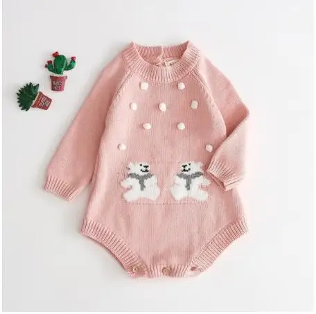 B91H44 Pink Одежда для новорожденных мальчиков трикотажные комбинезоны для новорожденных с рисунком медведя г. Осенняя одежда для девочек Вязаный комбинезон для маленьких девочек, комбинезон, свитер - Цвет: B91H44 Pink