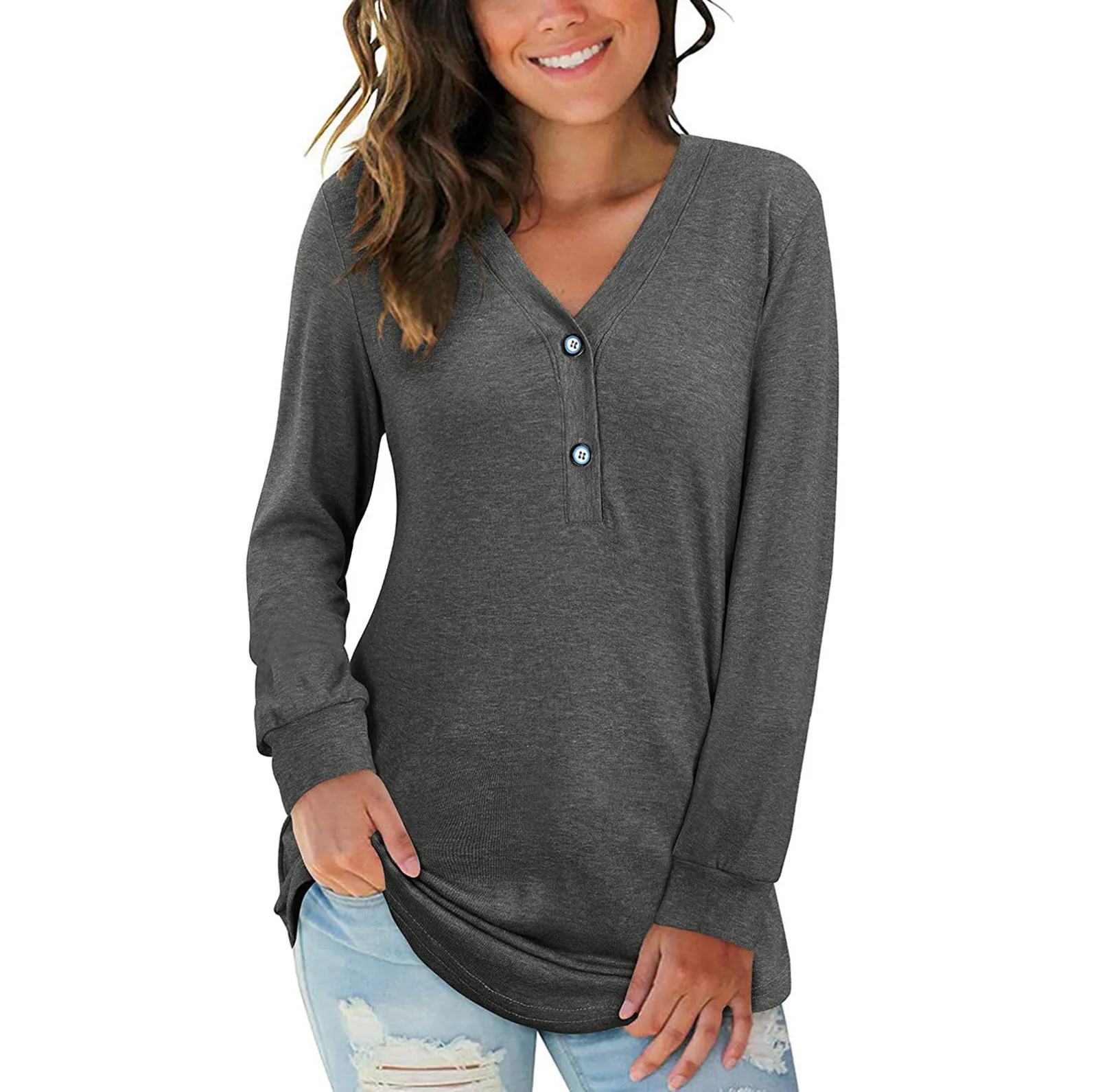 Women's Blouses Shirts 2021 Casual solid color Pullover Comfy Long sleeve Tunic Ladies Tops Holiday wear V-Neck Clothing | Женская