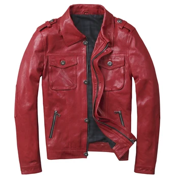 

Genuine Leather Jacket Men Real Sheepskin Motorcycle Biker Leather Jacket Casual Slim Male Red Autumn Winter jaqueta de couro