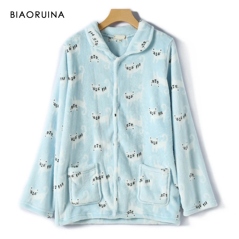 BIAORUINA, женская пижама из кораллового флиса с рисунком кота, комплект из двух предметов, теплый плотный удобный зимний спальный комплект, нижнее белье