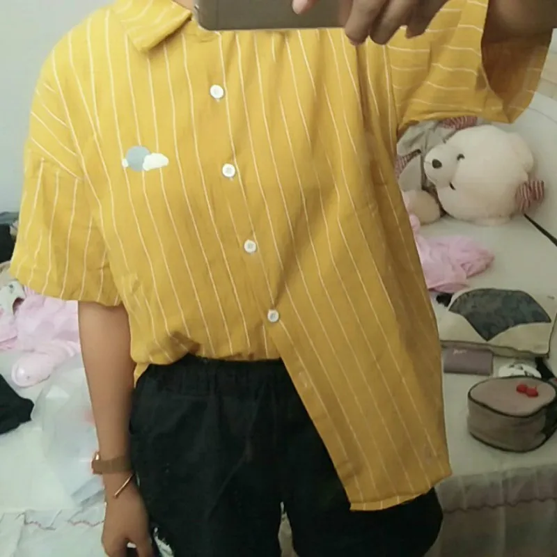 short sleeve yellow Woherb, Женская Полосатая блуза Kawaii, с Лунной вышивкой, корейские женские топы, блузы, Повседневная льняная рубашка с рукавом «летучая мышь», 20824 - Цвет: short sleeve yellow