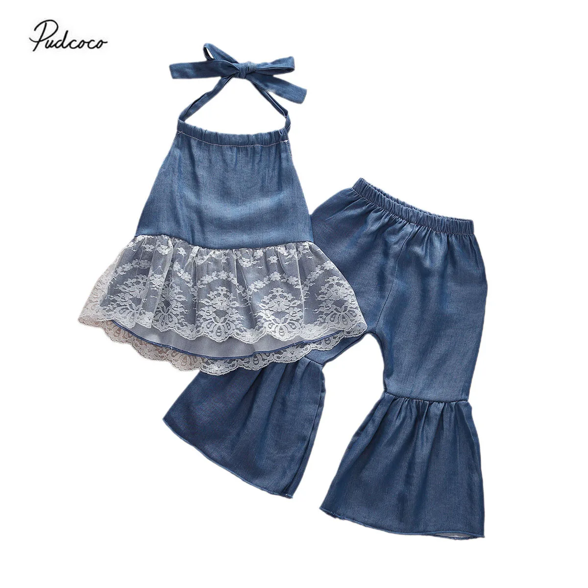 2Pcs Toddler Kid Children Fashion Two-piece Outfit Lace Halter Top Plain Flared Trousers Casual Style Clothes Summer Set |