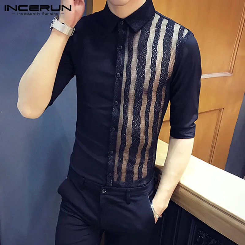 Camisa de manga media solapa para hombre, retales de malla a rayas, con botones, ropa de a moda, para fiesta club nocturno, 2020 - AliExpress Bodas y eventos