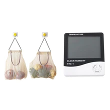 1x цифровой ЖК-дисплей Температура и измеритель влажности Будильник& 2 шт. Кухня чеснок, имбирь Сетчатая Сумка для хранения висит BagHollow дыхание