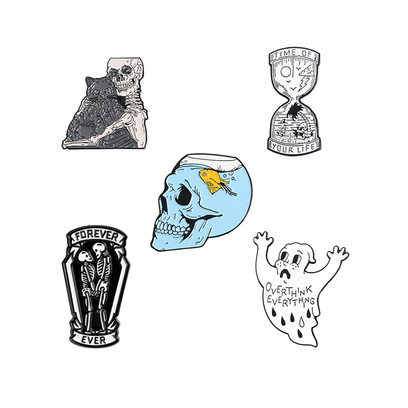 

Creative Skeleton Metal Enamel Brooch YOU LIFE Hour Fish Tank Ghost Holding Cat Skull Badge Pin Gothic Trendy Jewelry Gift
