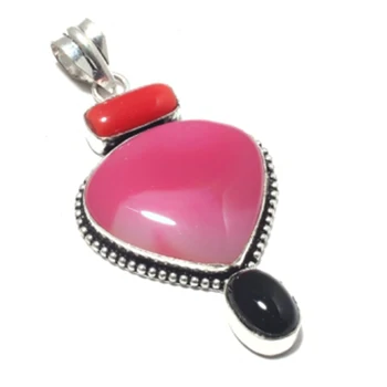 

Botswana Agate + Coral + Black Onyx Pendant Silver Overlay over Copper Hand made Jewelry Gift