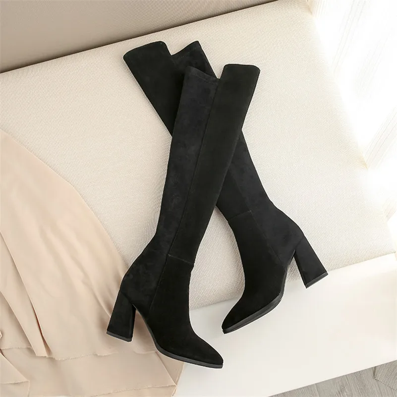 ANNYMOLI Autumn Thigh High Boots Women Cow Suede Square Heel Over The Knee Boots Zip Extreme High Heel Shoes Lady Winter Size 39
